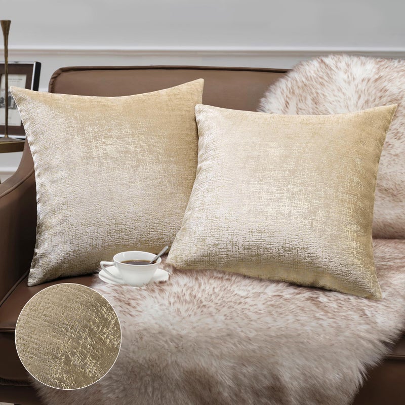 Phantoscope Pack of 2 Sparkling Velvet Decorative Solid Throw Decorative Pillow Cover Soft Gold Glitter Square Cushion Cover Pillowcase for Couch Bed and Chair, Beige, 20 x 20 inches, 50 x 50 cm - Image 1